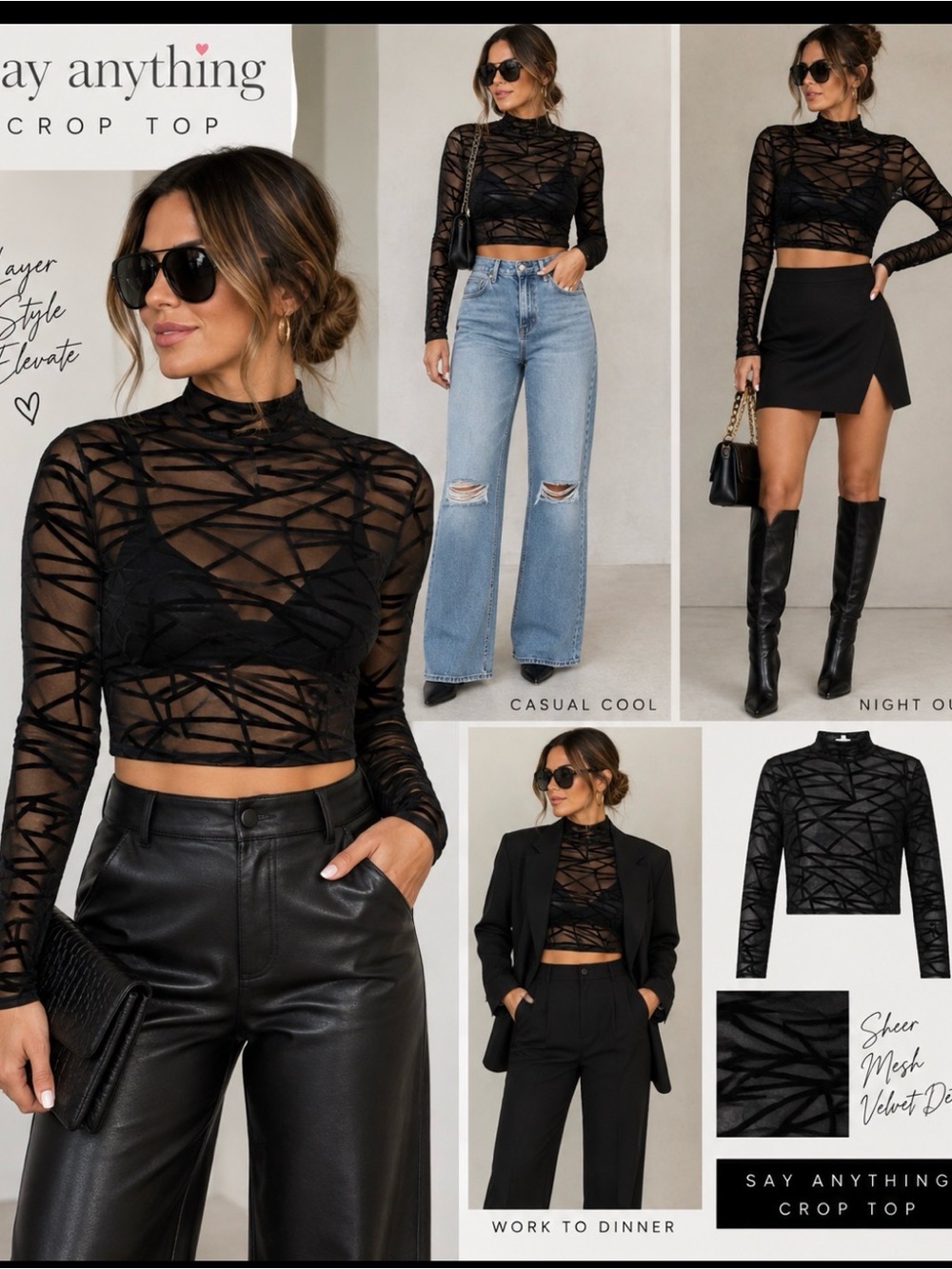 Say Anything Black Sheer Mesh Velvet-Pattern Crop Top - Women